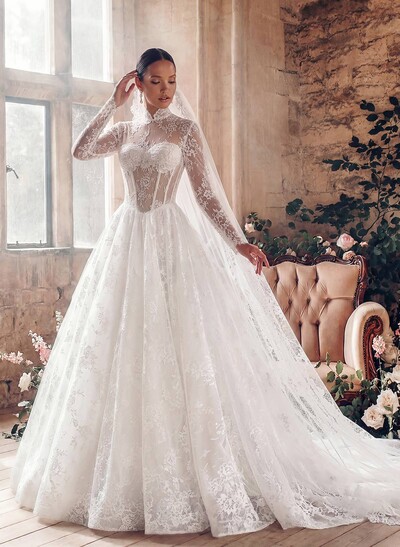 A-Line High Neck Long Sleeves Court Train Lace/Satin Wedding Dresses With Lace