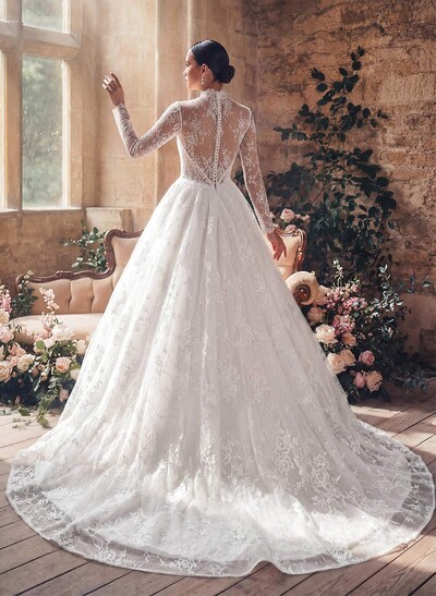A-Line High Neck Long Sleeves Court Train Lace/Satin Wedding Dresses With Lace