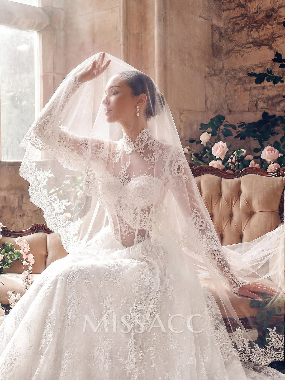A-Line High Neck Long Sleeves Court Train Lace/Satin Wedding Dresses With Lace A-Line High Neck Long Sleeves Court Train Lace/Satin Wedding Dresses With Lace