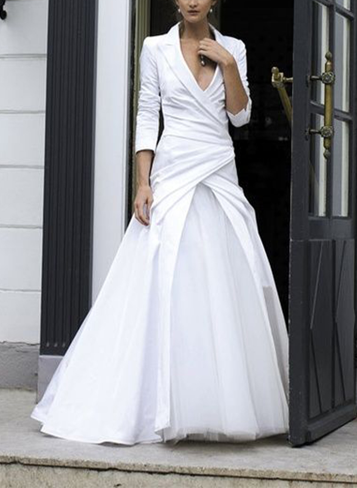 Trumpet/Mermaid V-Neck 3/4 Sleeves Floor-Length Matte Satin Wedding Dresses