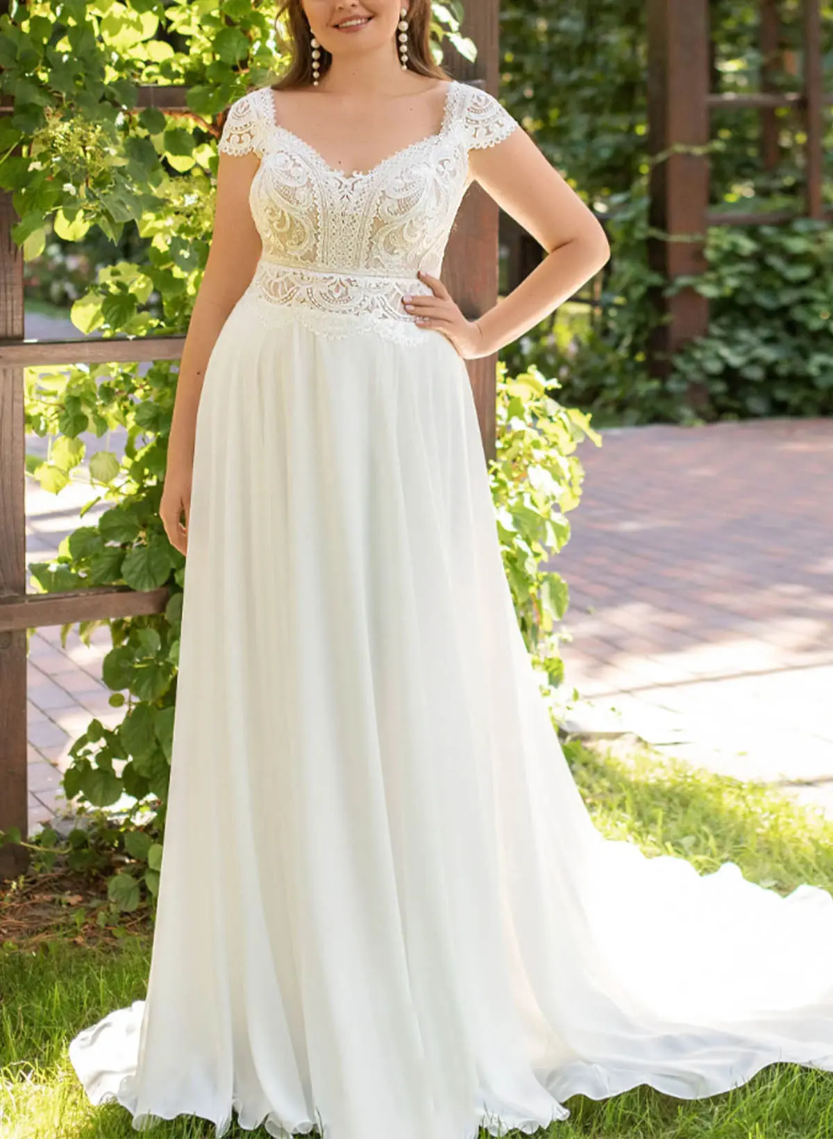 Empire V-Neck/Sweetheart Short Sleeves Sweep Train Chiffon BRIDE With Lace #SWD12904