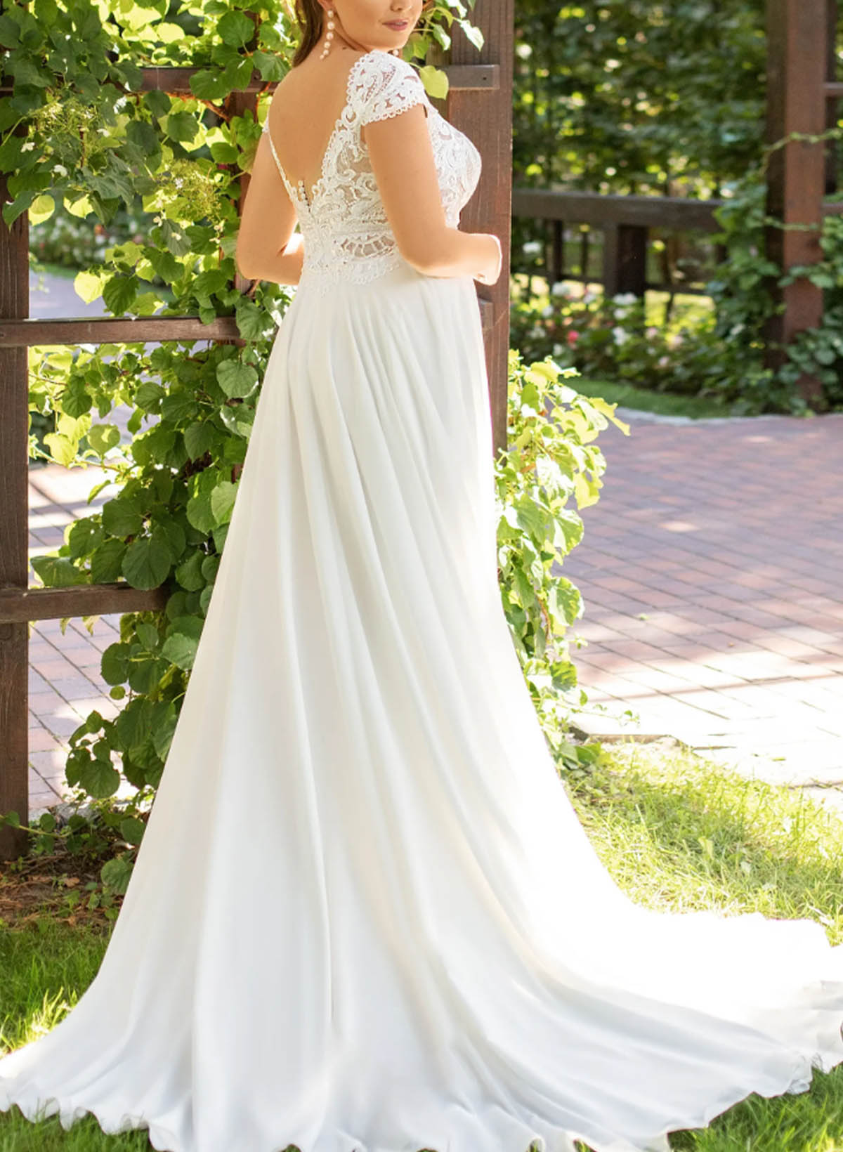 Empire V-Neck/Sweetheart Short Sleeves Sweep Train Chiffon BRIDE With Lace