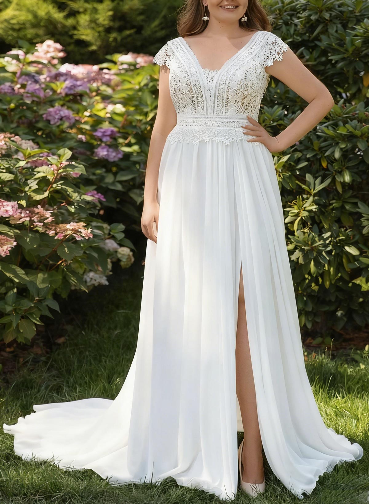 A-Line V-Neck Sleeveless Sweep Train Chiffon/Lace Wedding Dresses With High Split