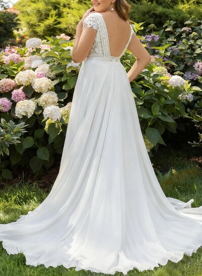 A-Line V-Neck Sleeveless Sweep Train Chiffon/Lace Wedding Dresses With High Split