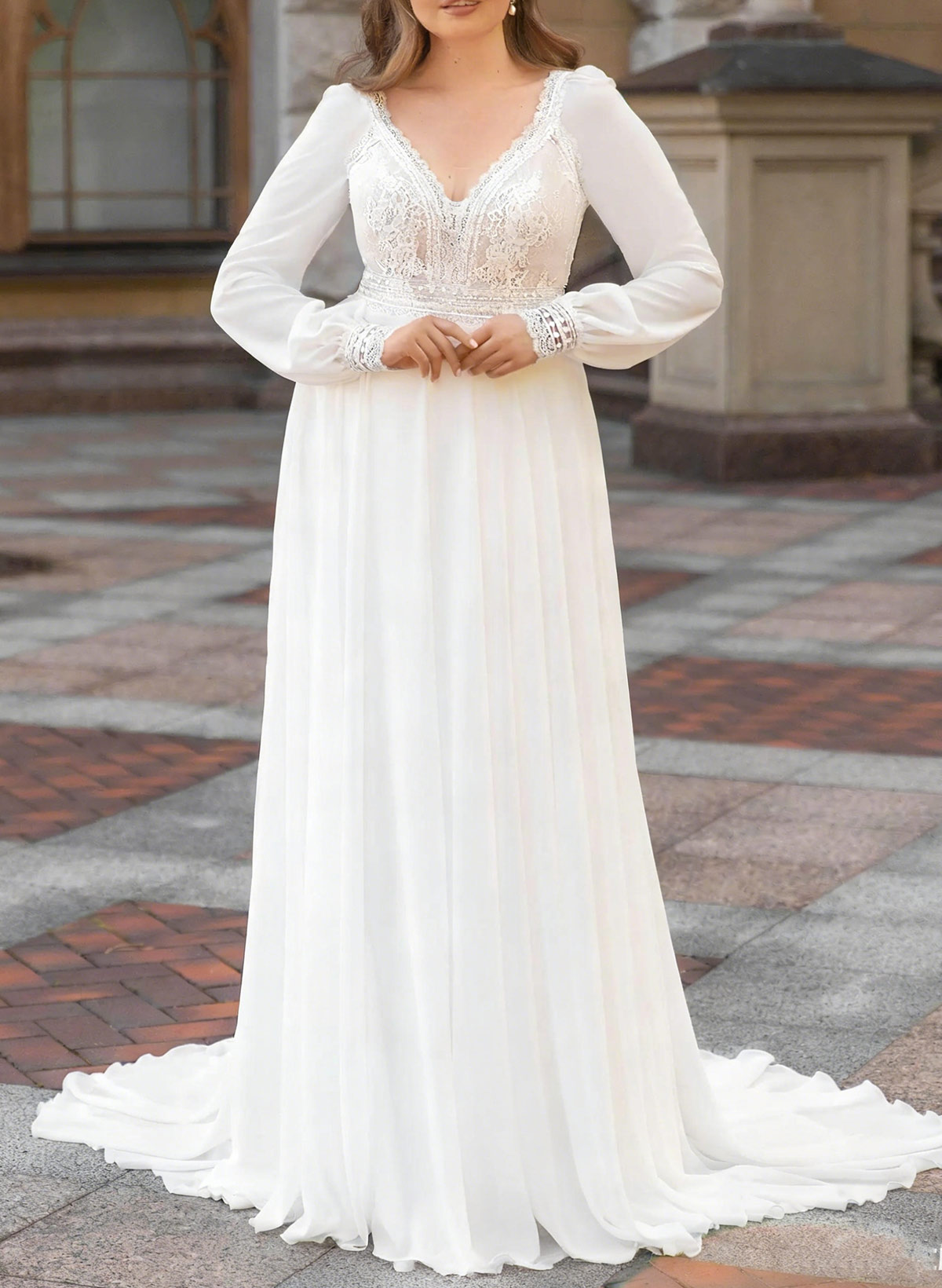 A-Line V-Neck Long Sleeves Sweep Train Chiffon Wedding Dresses
