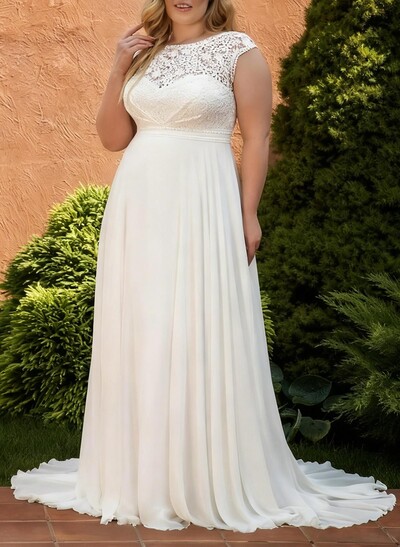 A-Line Scoop Neck Sleeveless Sweep Train Chiffon/Lace Wedding Dresses