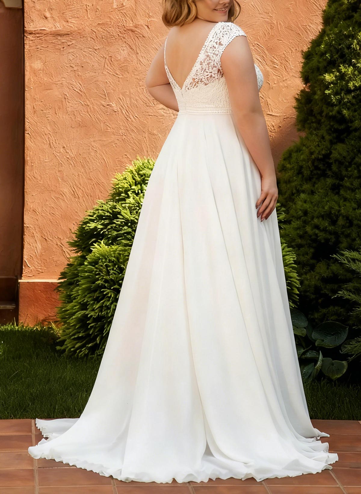 A-Line Scoop Neck Sleeveless Sweep Train Chiffon/Lace Wedding Dresses