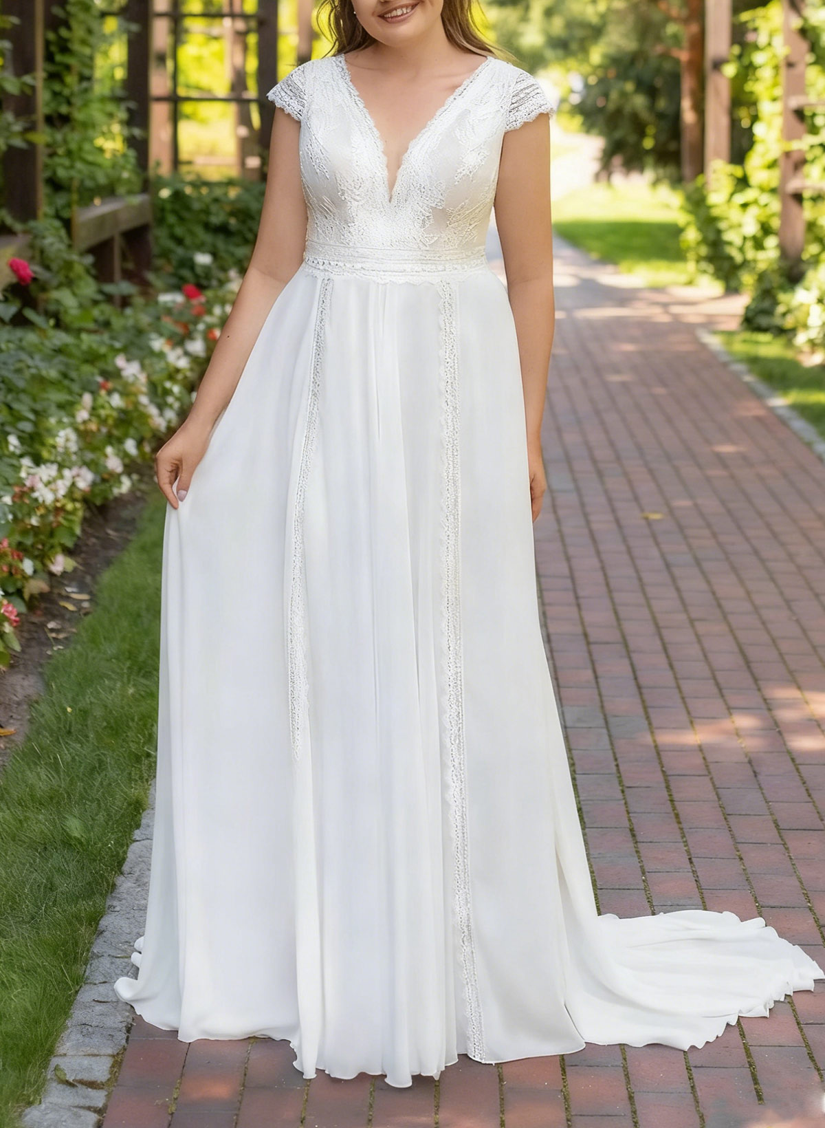 A-Line Plunge Neck Sleeveless Sweep Train Chiffon/Lace Wedding Dresses With Back Hole