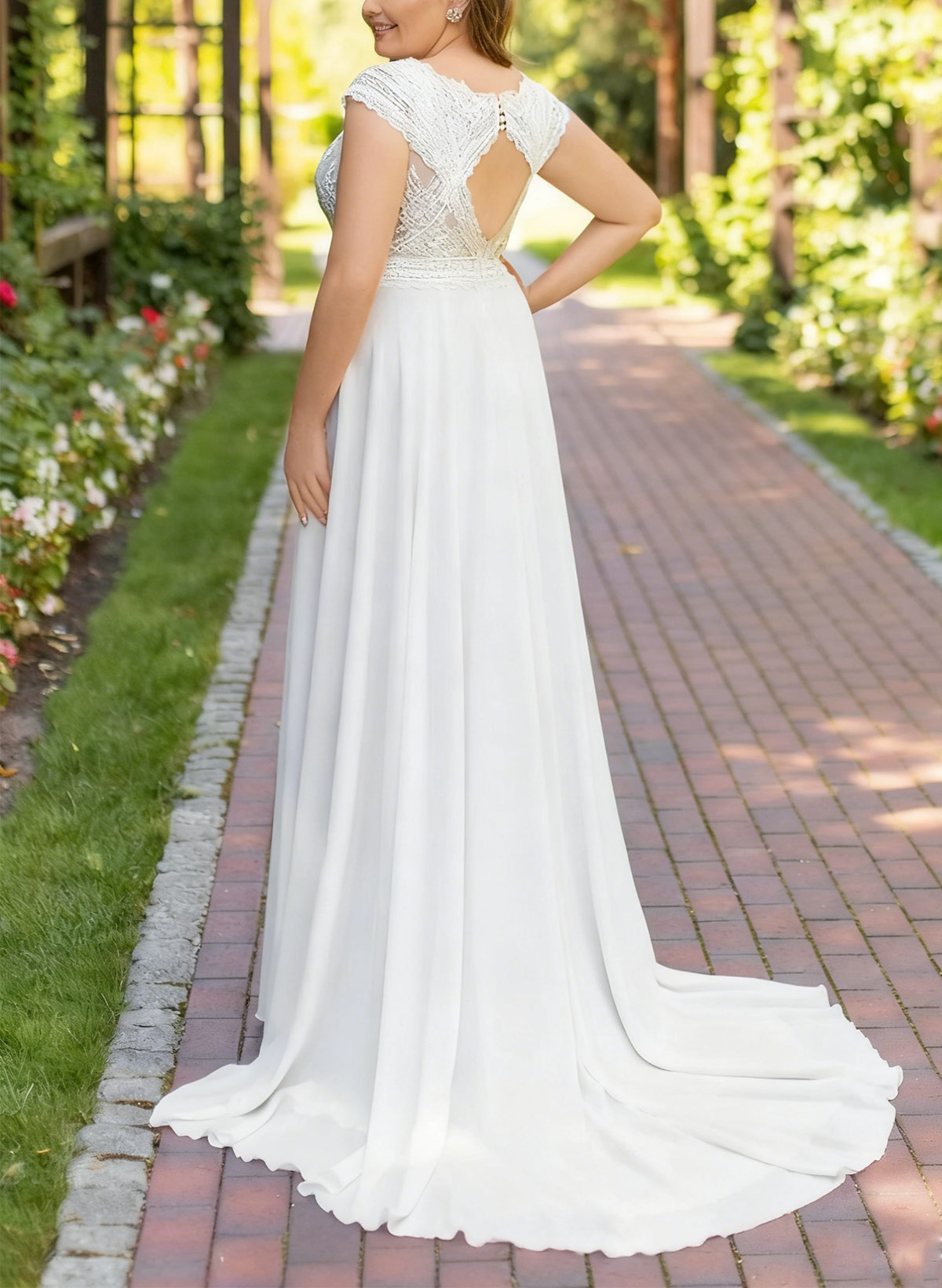 A-Line Plunge Neck Sleeveless Sweep Train Chiffon/Lace Wedding Dresses With Back Hole