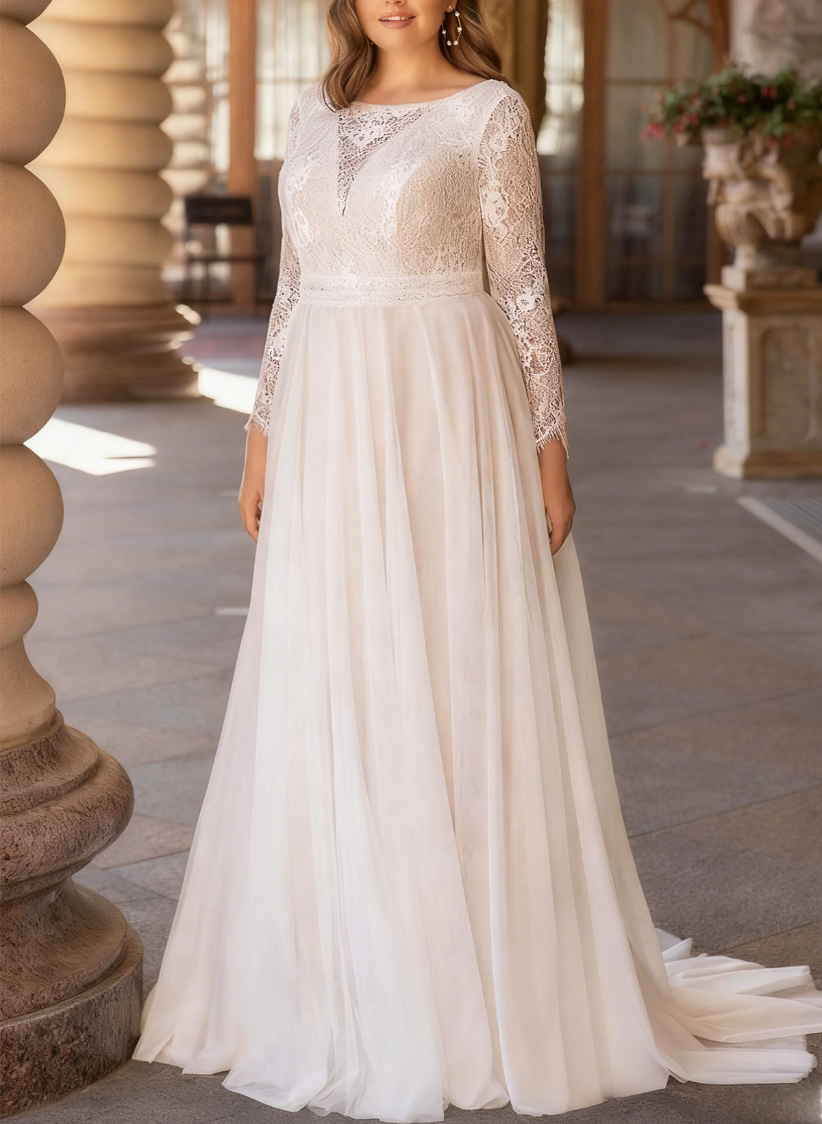 A-Line Scoop Neck Long Sleeves Sweep Train Chiffon/Lace Wedding Dresses