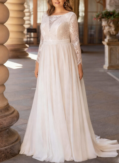 A-Line Scoop Neck Long Sleeves Sweep Train Chiffon/Lace Wedding Dresses