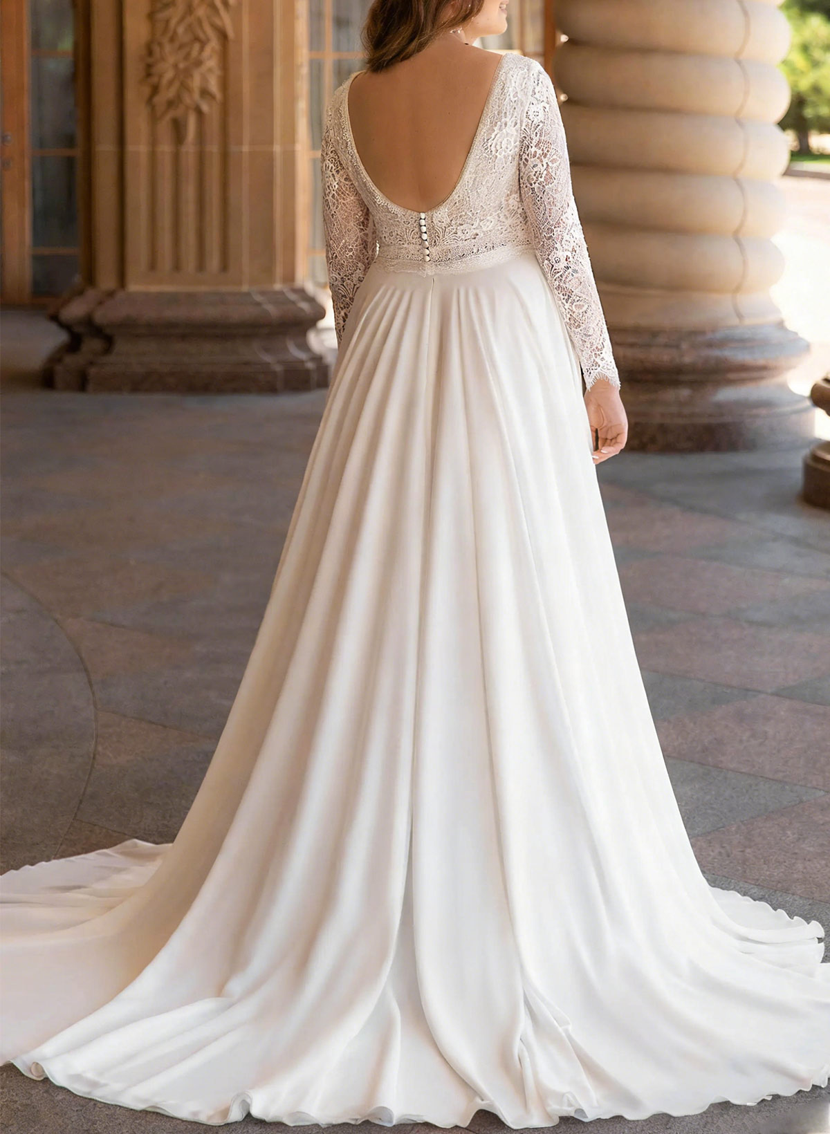 A-Line Scoop Neck Long Sleeves Sweep Train Chiffon/Lace Wedding Dresses