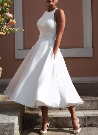 Elegant Halter Sleeveless A-Line Tea-Length Lace/Satin Wedding Dresses With Pockets/Back Hole