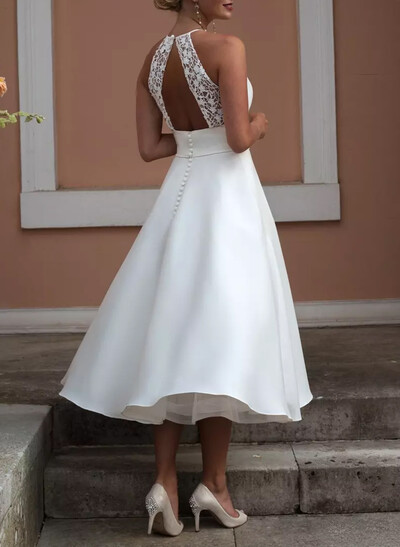 Elegant Halter Sleeveless A-Line Tea-Length Lace/Satin Wedding Dresses With Pockets/Back Hole