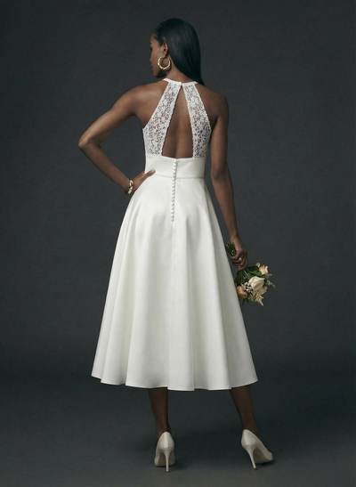 Elegant Halter Sleeveless A-Line Tea-Length Lace/Satin Wedding Dresses With Pockets/Back Hole