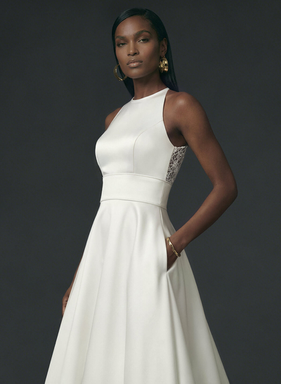 Elegant Halter Sleeveless A-Line Tea-Length Lace/Satin Cocktail Dresses With Pockets/Back Hole