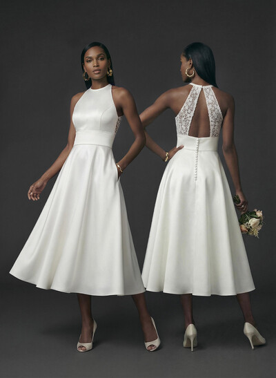Elegant Halter Sleeveless A-Line Tea-Length Lace/Satin Wedding Dresses With Pockets/Back Hole