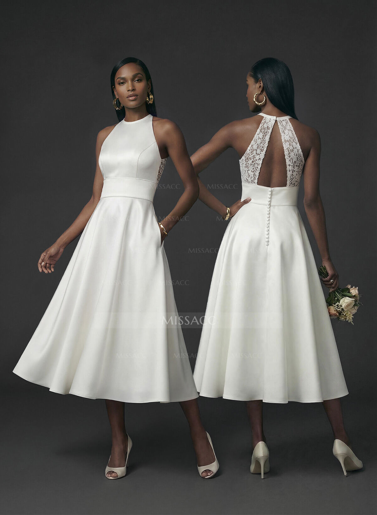 Elegant Halter Sleeveless A-Line Tea-Length Lace/Satin Wedding Dresses With Pockets/Back Hole