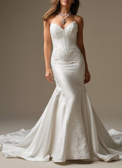 Trumpet/Mermaid Sweetheart Sleeveless Court Train Satin Wedding Dresses With Appliques Lace