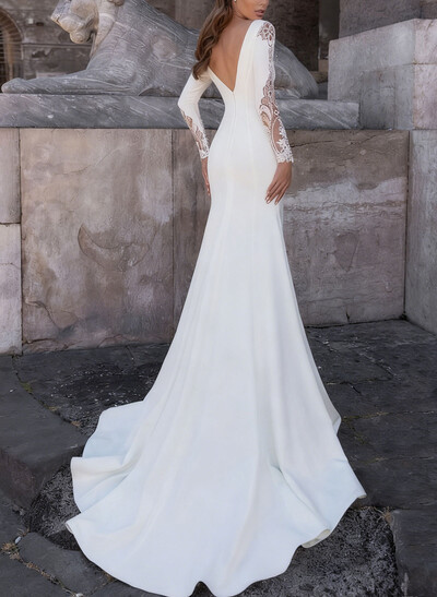 Trumpet/Mermaid Plunge Neck Long Sleeves Sweep Train Elastic Satin Wedding Dresses