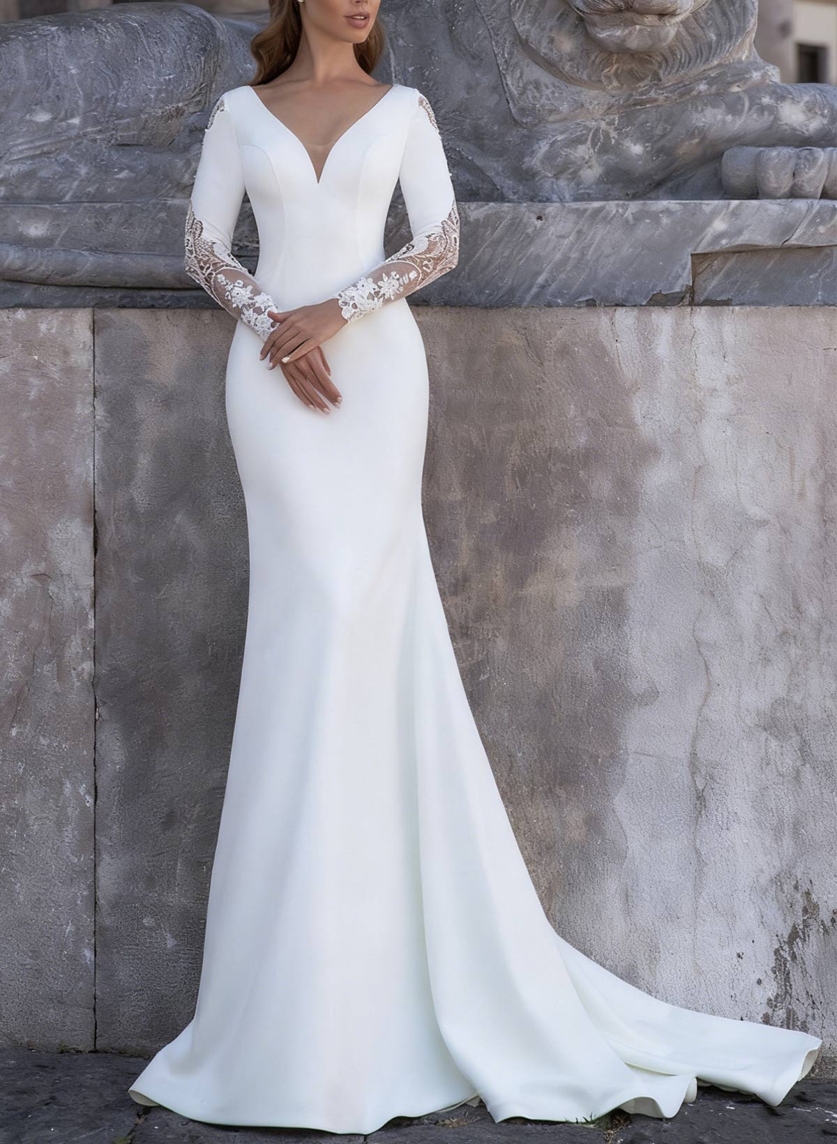 Trumpet/Mermaid Plunge Neck Long Sleeves Sweep Train Elastic Satin Wedding Dresses