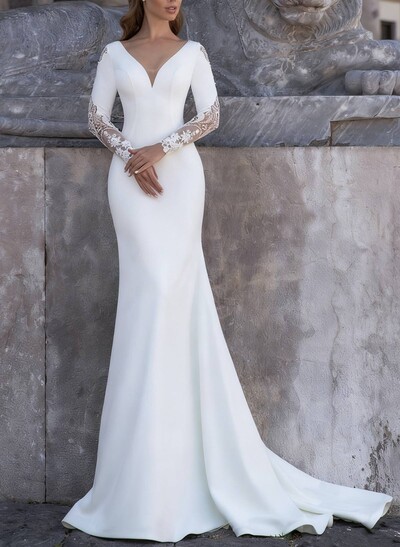 Trumpet/Mermaid Plunge Neck Long Sleeves Sweep Train Elastic Satin Wedding Dresses