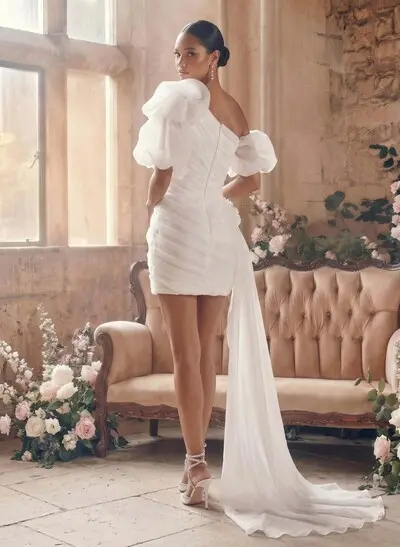 Sheath/Column Asymmetrical Short/Mini Matte Satin Wedding Dresses With Sweeping Side Drape