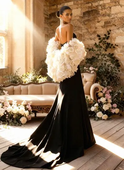 Trumpet/Mermaid Sweetheart/Plunge Neck Sleeveless Court Train Elastic Satin/Organza Wedding Dresses With Flower(s)/High Split