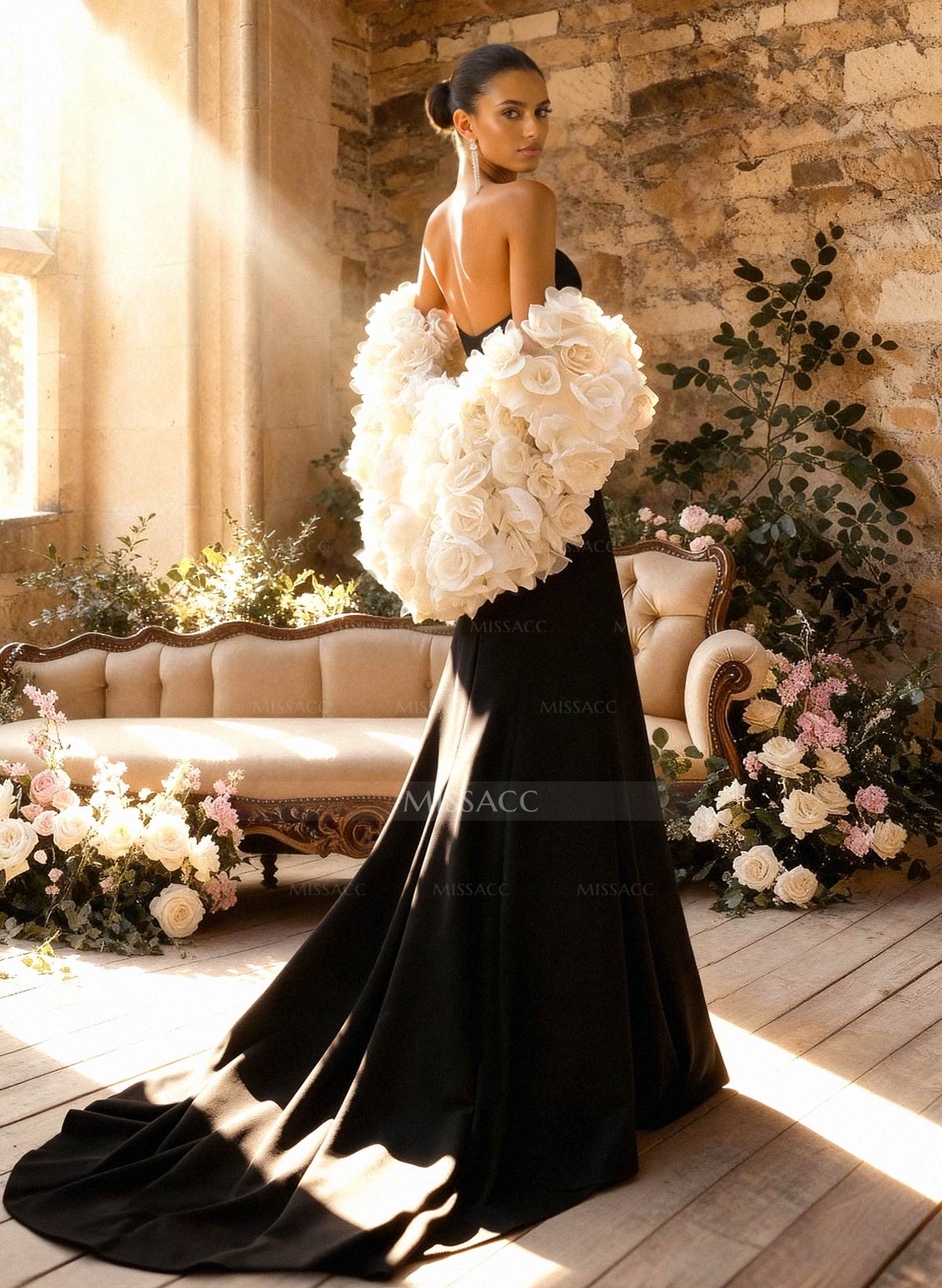 Trumpet/Mermaid Sweetheart/Plunge Neck Sleeveless Court Train Elastic Satin/Organza Wedding Dresses With Flower(s)/High Split