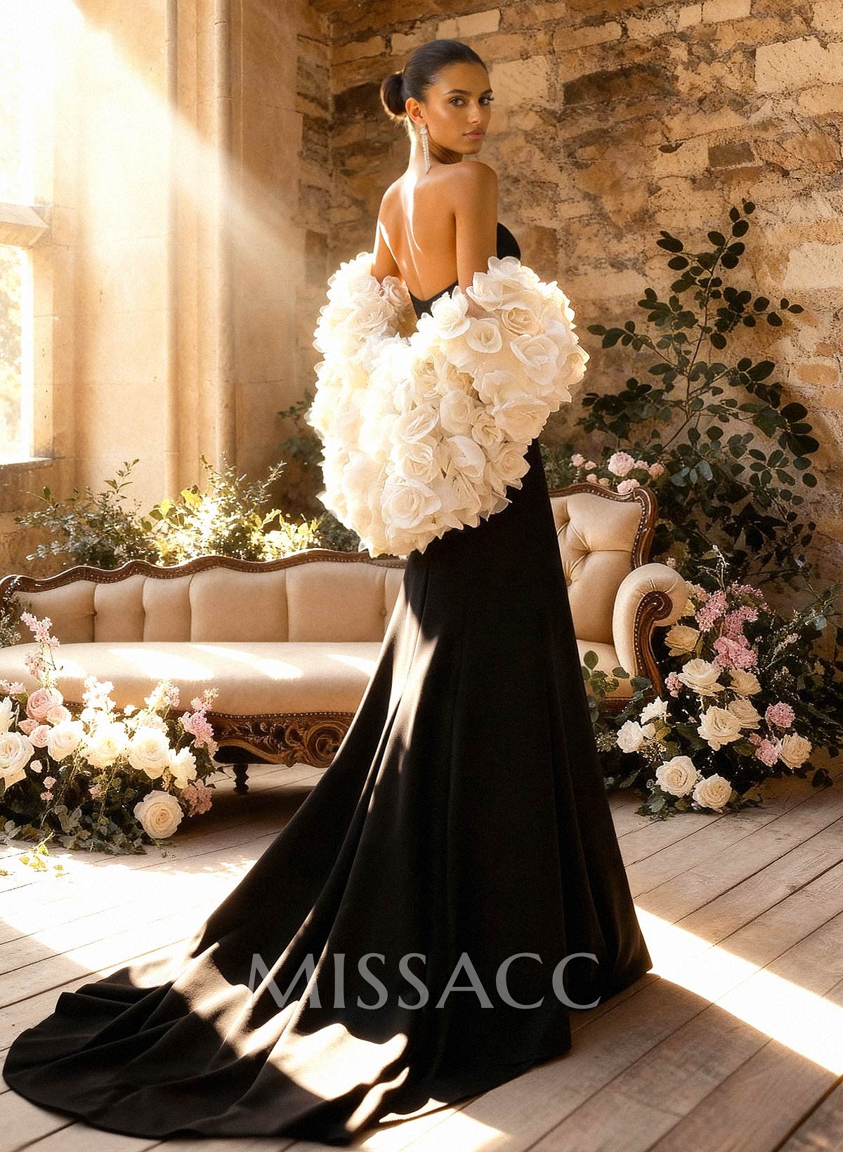 Trumpet/Mermaid Sweetheart/Plunge Neck Sleeveless Court Train Elastic Satin/Organza Wedding Dresses With Flower(s)/High Split