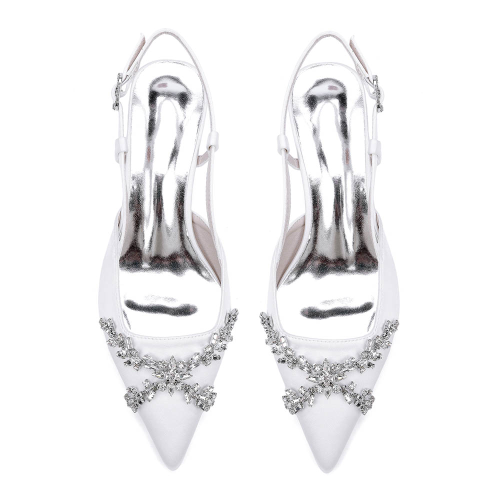 Low Heel Silk Like Satin Point Toe Wedding Shoes With Rhinestone