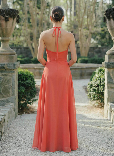 A-Line Halter Sleeveless Floor-Length Chiffon Bridesmaid Dresses With Flower(s)/High Split