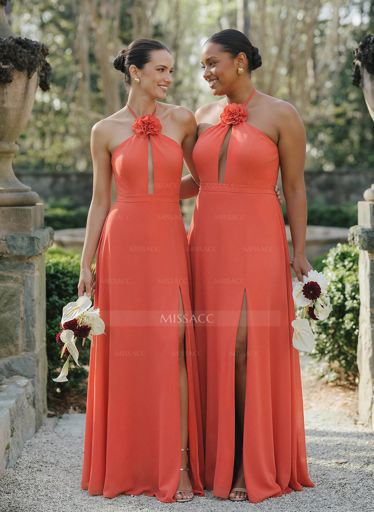 A-Line Halter Sleeveless Floor-Length Chiffon Bridesmaid Dresses With Flower(s)/High Split