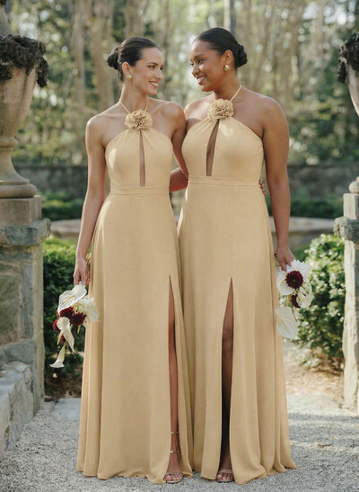 A-Line Halter Sleeveless Floor-Length Chiffon Bridesmaid Dresses With Flower(s)/High Split