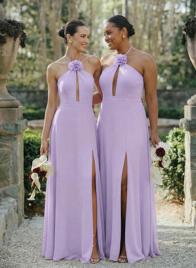 A-Line Halter Sleeveless Floor-Length Chiffon Bridesmaid Dresses With Flower(s)/High Split