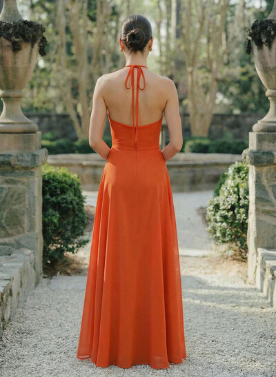 A-Line Halter Sleeveless Floor-Length Chiffon Bridesmaid Dresses With Flower(s)/High Split