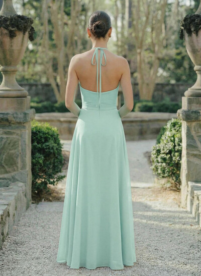 A-Line Halter Sleeveless Floor-Length Chiffon Bridesmaid Dresses With Flower(s)/High Split