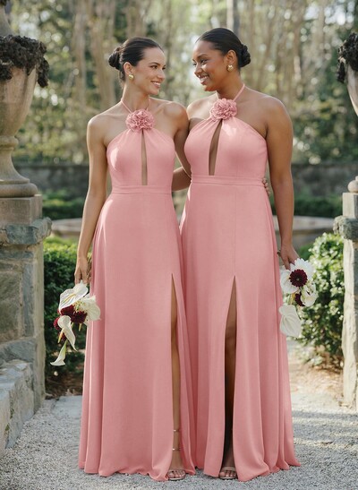 A-Line Halter Sleeveless Floor-Length Chiffon Bridesmaid Dresses With Flower(s)/High Split