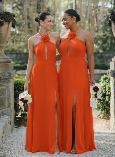 A-Line Halter Sleeveless Floor-Length Chiffon Bridesmaid Dresses With Flower(s)/High Split
