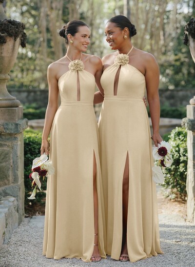 A-Line Halter Sleeveless Floor-Length Chiffon Bridesmaid Dresses With Flower(s)/High Split