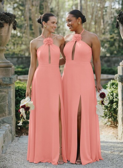 A-Line Halter Sleeveless Floor-Length Chiffon Bridesmaid Dresses With Flower(s)/High Split