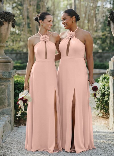 A-Line Halter Sleeveless Floor-Length Chiffon Bridesmaid Dresses With Flower(s)/High Split