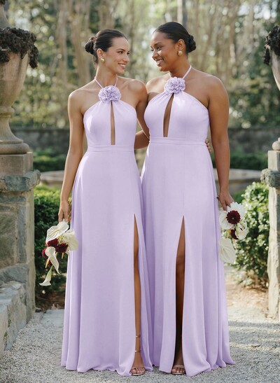 A-Line Halter Sleeveless Floor-Length Chiffon Bridesmaid Dresses With Flower(s)/High Split