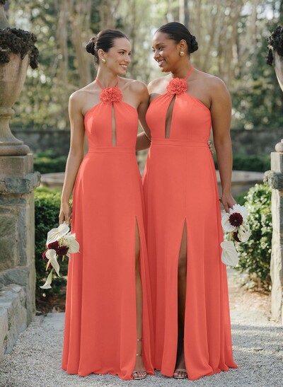 A-Line Halter Sleeveless Floor-Length Chiffon Bridesmaid Dresses With Flower(s)/High Split
