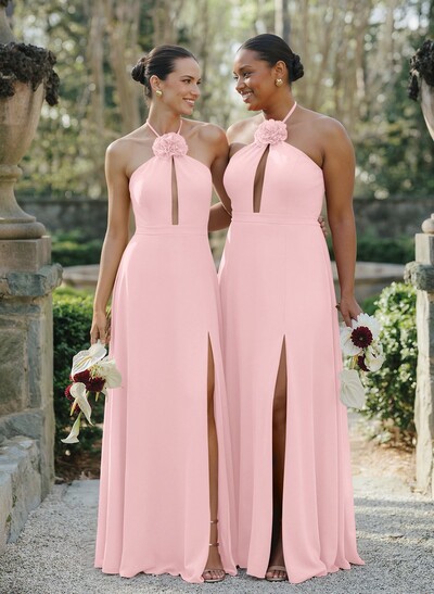 A-Line Halter Sleeveless Floor-Length Chiffon Bridesmaid Dresses With Flower(s)/High Split