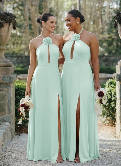 A-Line Halter Sleeveless Floor-Length Chiffon Bridesmaid Dresses With Flower(s)/High Split