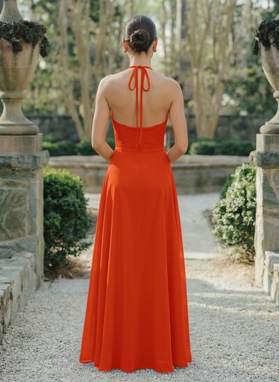 A-Line Halter Sleeveless Floor-Length Chiffon Bridesmaid Dresses With Flower(s)/High Split