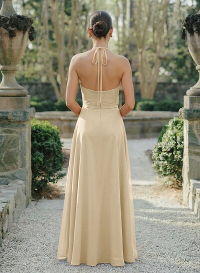 A-Line Halter Sleeveless Floor-Length Chiffon Bridesmaid Dresses With Flower(s)/High Split