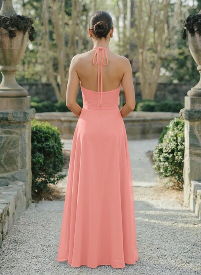 A-Line Halter Sleeveless Floor-Length Chiffon Bridesmaid Dresses With Flower(s)/High Split