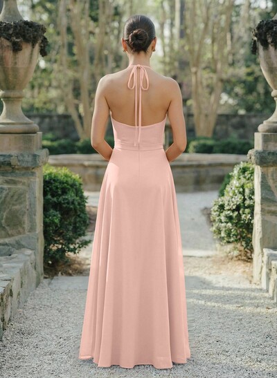 A-Line Halter Sleeveless Floor-Length Chiffon Bridesmaid Dresses With Flower(s)/High Split